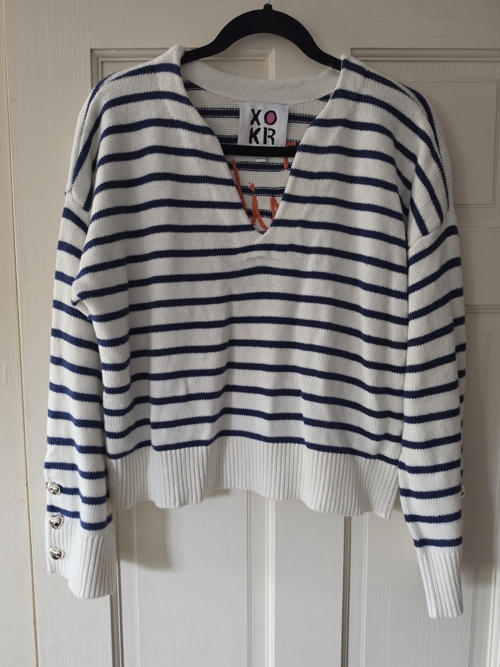 Kerri Rosenthal XOKR Knitted White Navy Striped V Neck Next Smile's On You L
